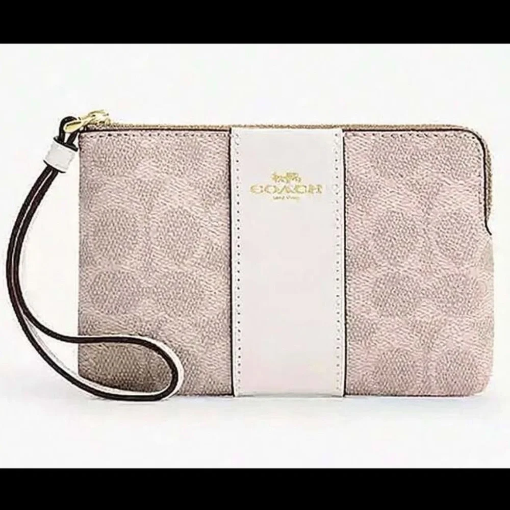 COACH. 3 Piece: Canvas & Leather Corner Zip Wristlet & Free Gift Box & Stickers. - Picture 2 of 16